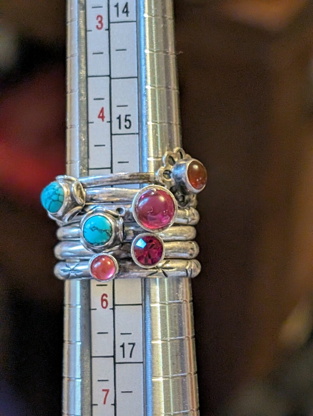Stackable Silver Rings Set (6)with Turquoise and Red Stones - Picture 8 of 15
